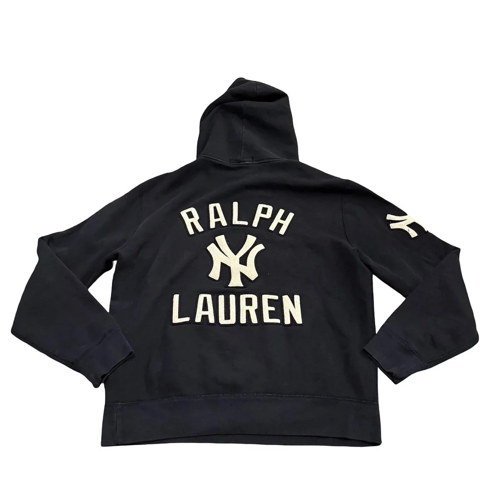 Polo Ralph Lauren x MLB NY Yankees Navy Blue Chenille Patch Hoodie Mens Small